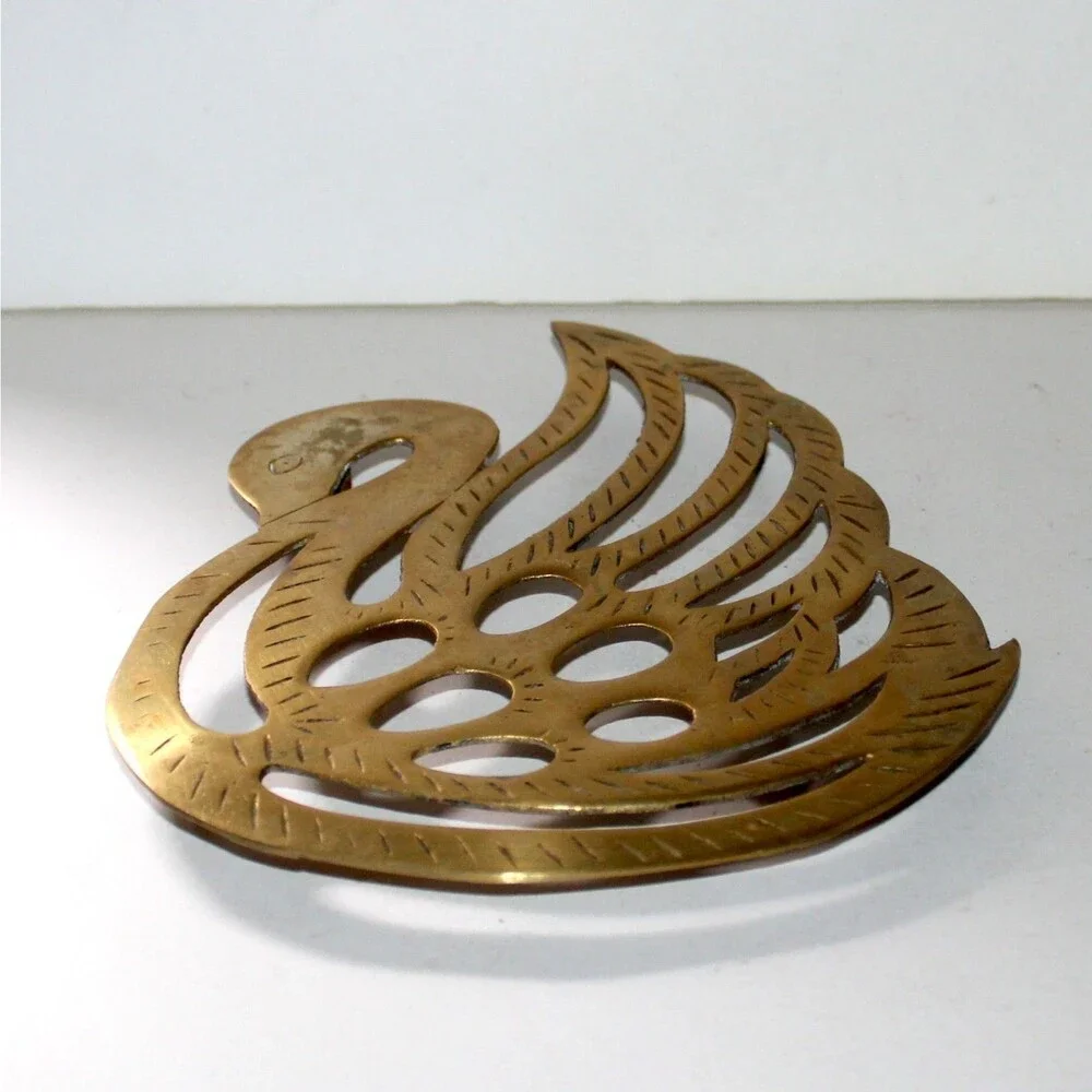 Vintage Brass Swan Trivet 9” footed MCM Kitchen Home Decor